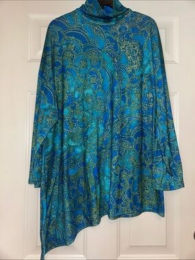 Scacto Paisley LS Tunic Sharkbite Tunic Top Blue NWOT Lagenlook Mock  Boho Artsy